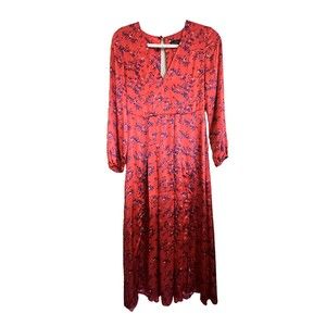 Topshop Floral Wispy Red Size 2 Satin Print Women's Midi V-Neck Dress EUC